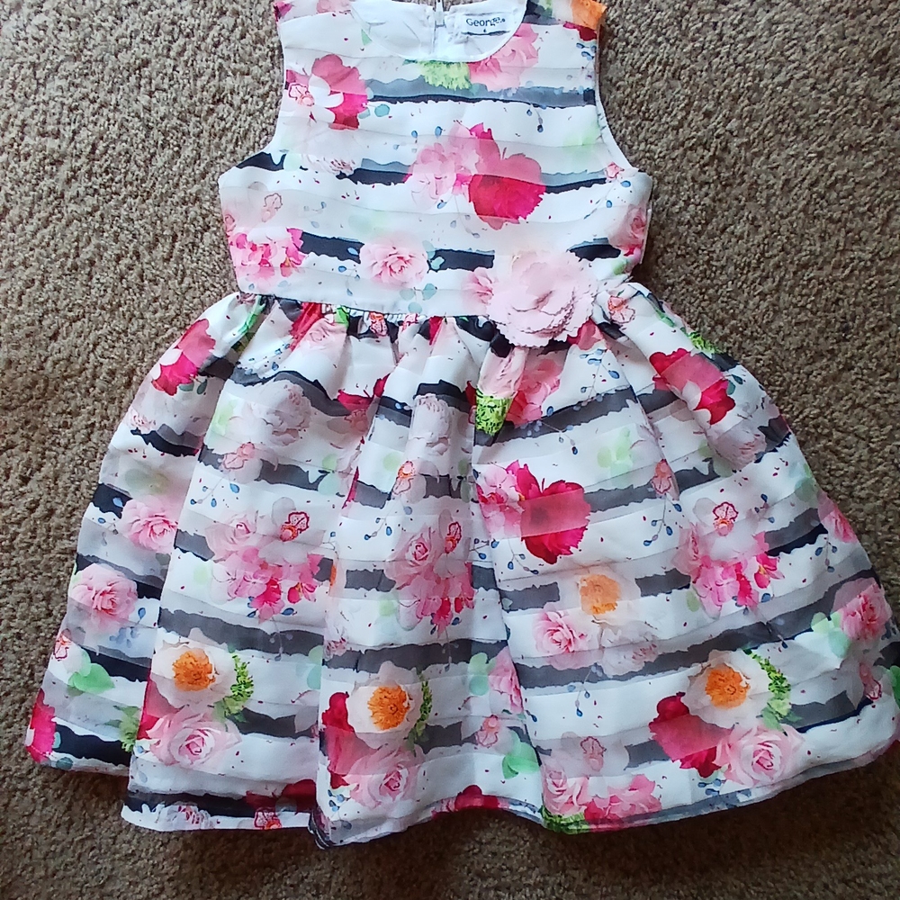 George Floral Kids Dress with Pink and Gray Stripes